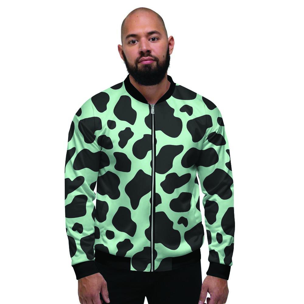 Black And Green Cow Print Men's Bomber Jacket-grizzshop