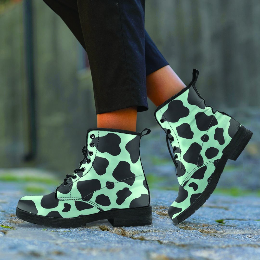 Black And Green Cow Print Men's Boots-grizzshop