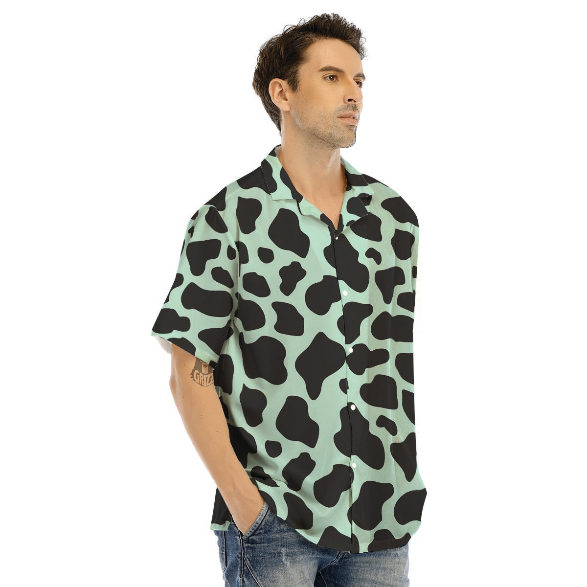 Black And Green Cow Print Men’s Hawaiian Shirt-grizzshop