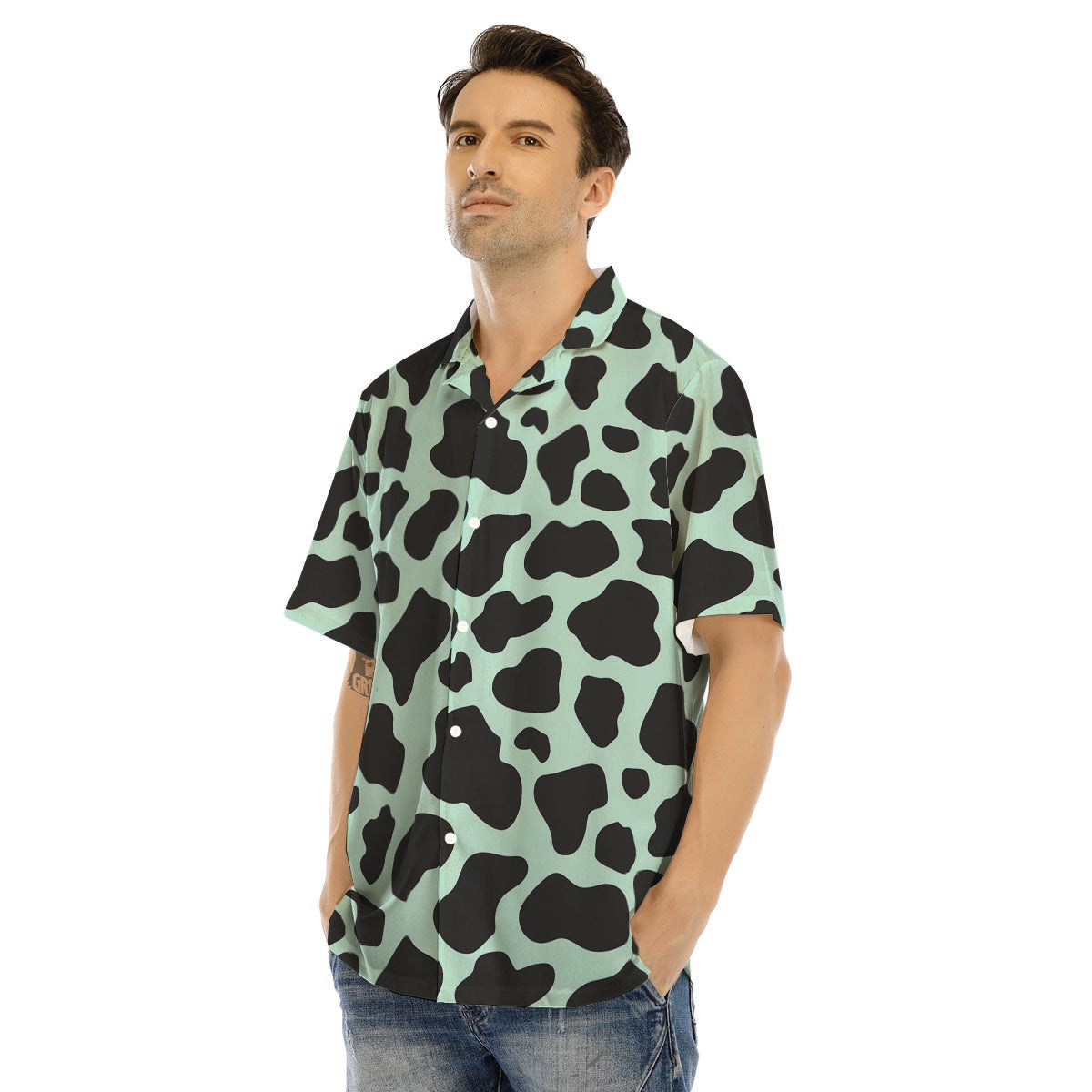 Black And Green Cow Print Men’s Hawaiian Shirt-grizzshop