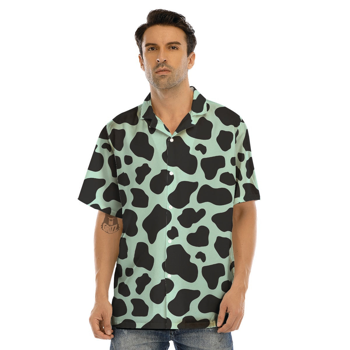 Black And Green Cow Print Men’s Hawaiian Shirt-grizzshop