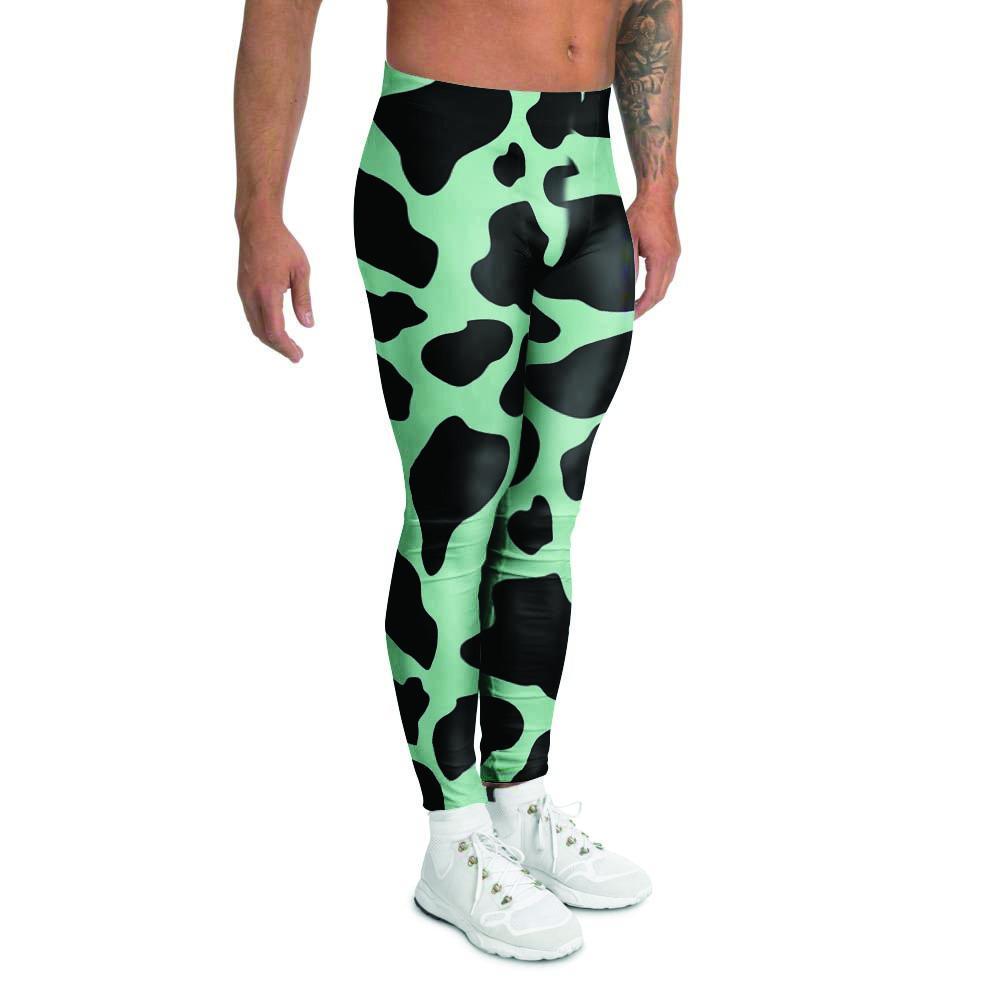 Black And Green Cow Print Men's Leggings-grizzshop