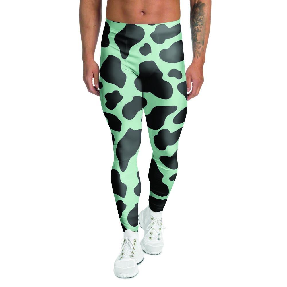 Black And Green Cow Print Men's Leggings-grizzshop