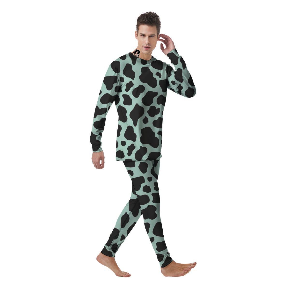 Black And Green Cow Print Men's Pajamas-grizzshop