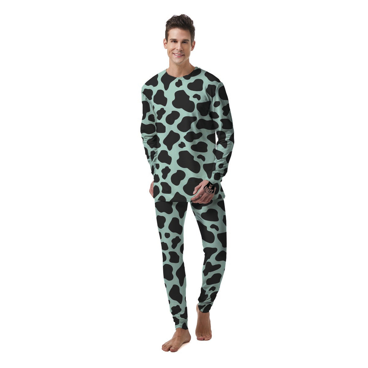 Black And Green Cow Print Men's Pajamas-grizzshop