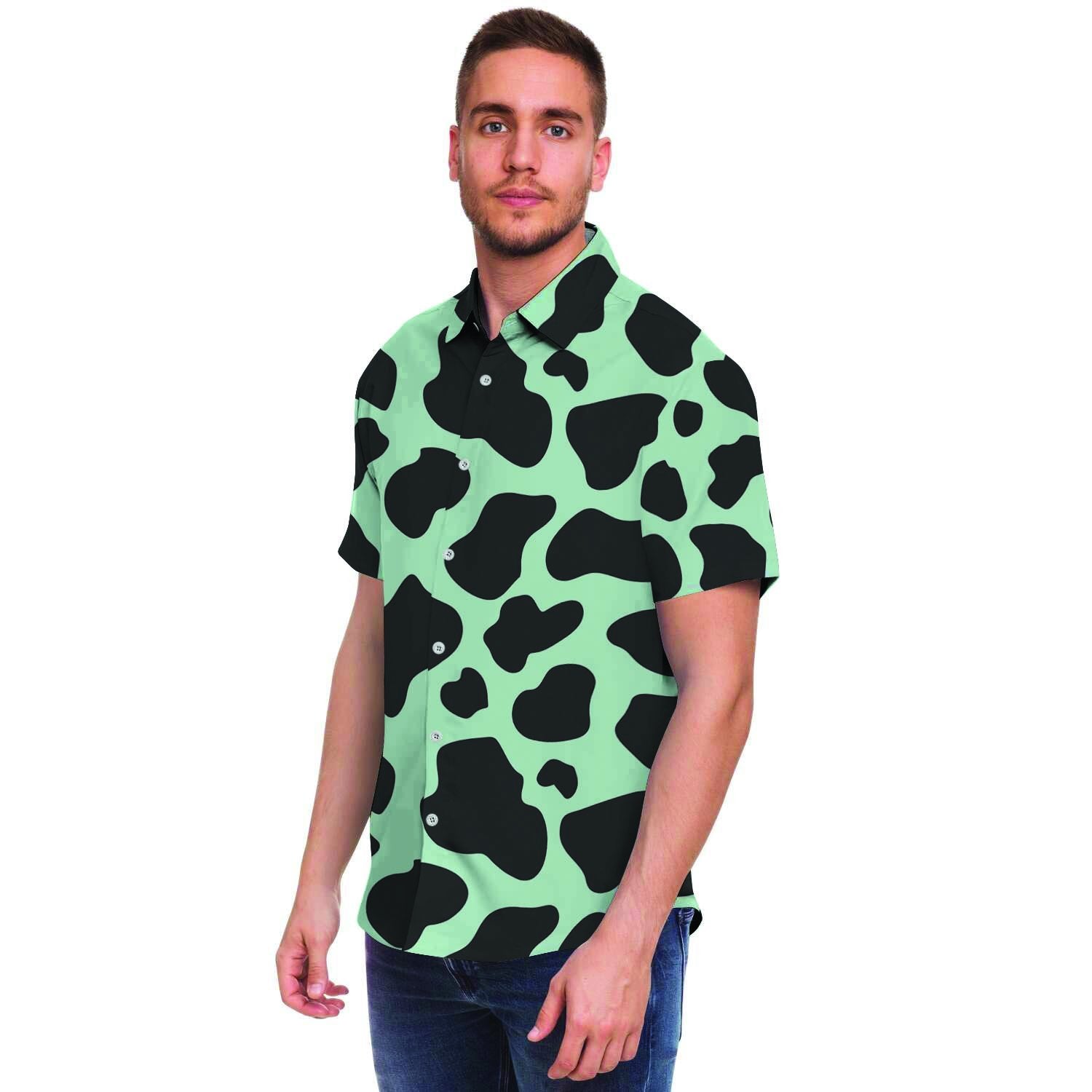 Black And Green Cow Print Men's Short Sleeve Shirt-grizzshop