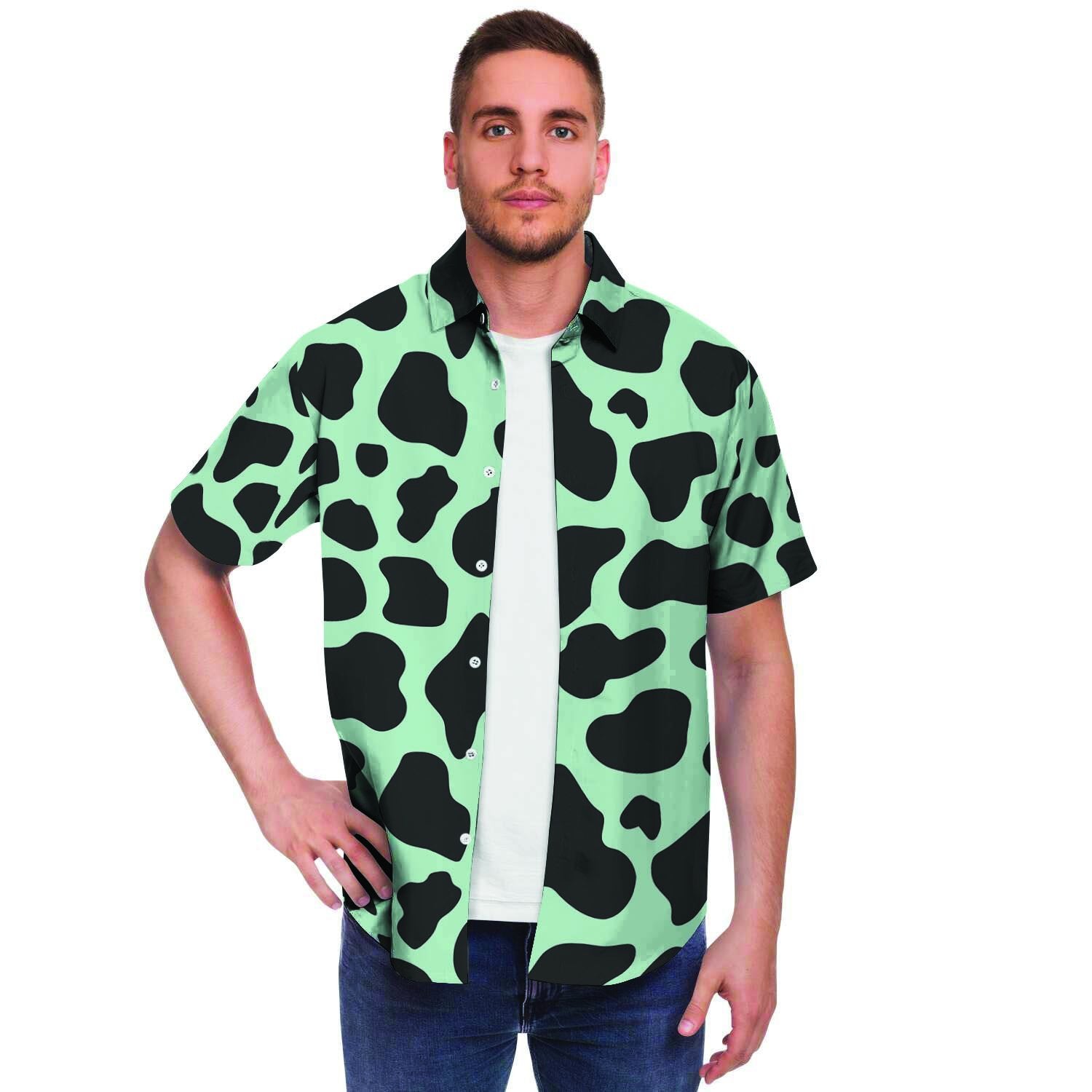 Black And Green Cow Print Men's Short Sleeve Shirt-grizzshop