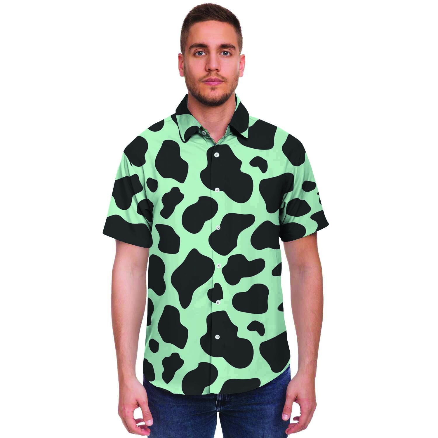 Black And Green Cow Print Men's Short Sleeve Shirt-grizzshop