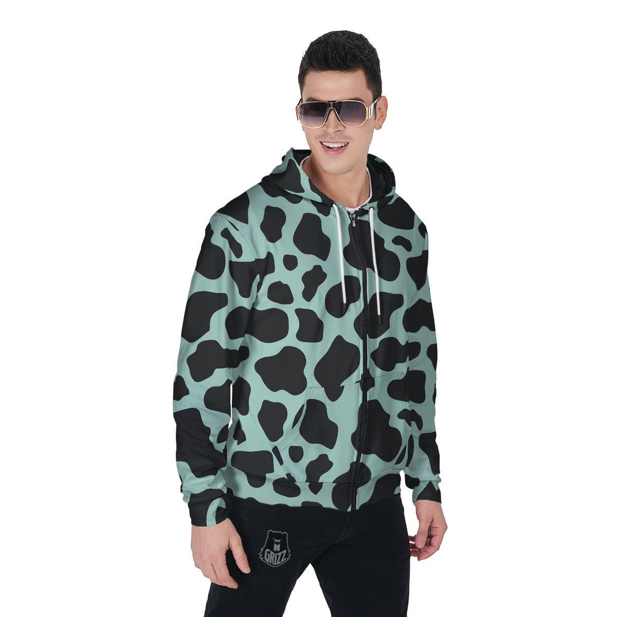 Black And Green Cow Print Men's Zip Up Hoodie-grizzshop