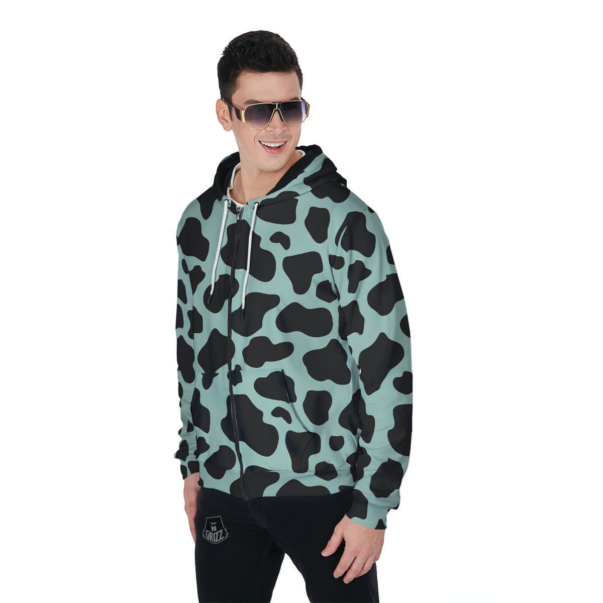 Black And Green Cow Print Men's Zip Up Hoodie-grizzshop