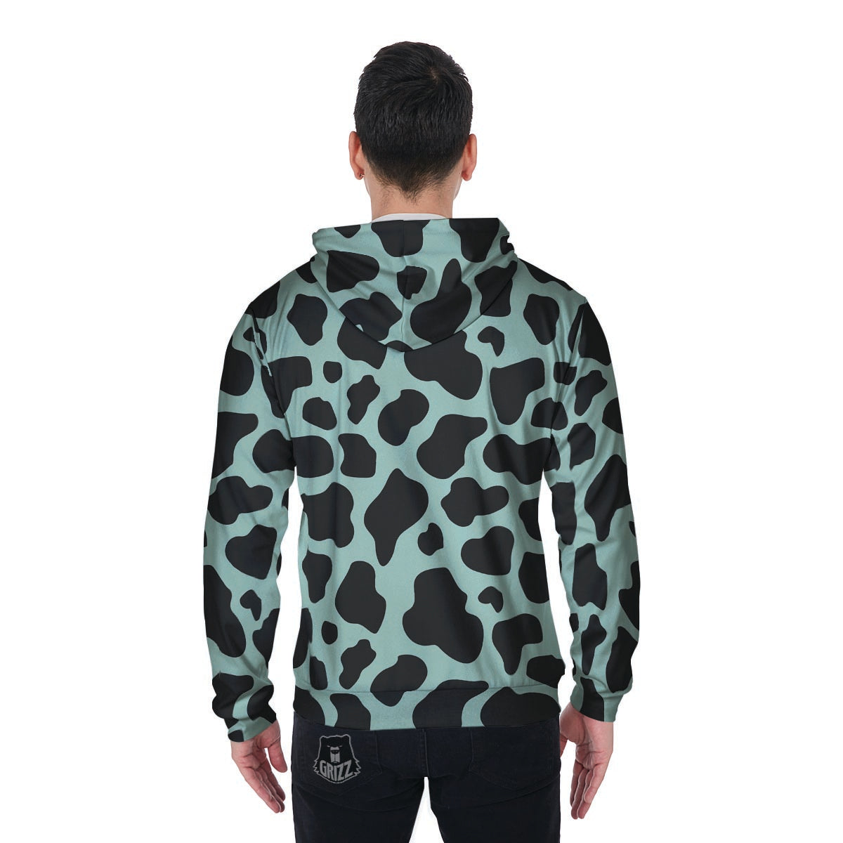 Black And Green Cow Print Men's Zip Up Hoodie-grizzshop