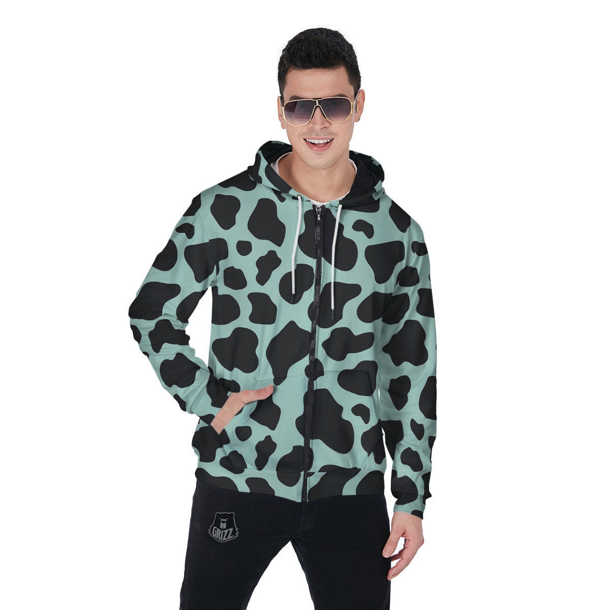 Black And Green Cow Print Men's Zip Up Hoodie-grizzshop