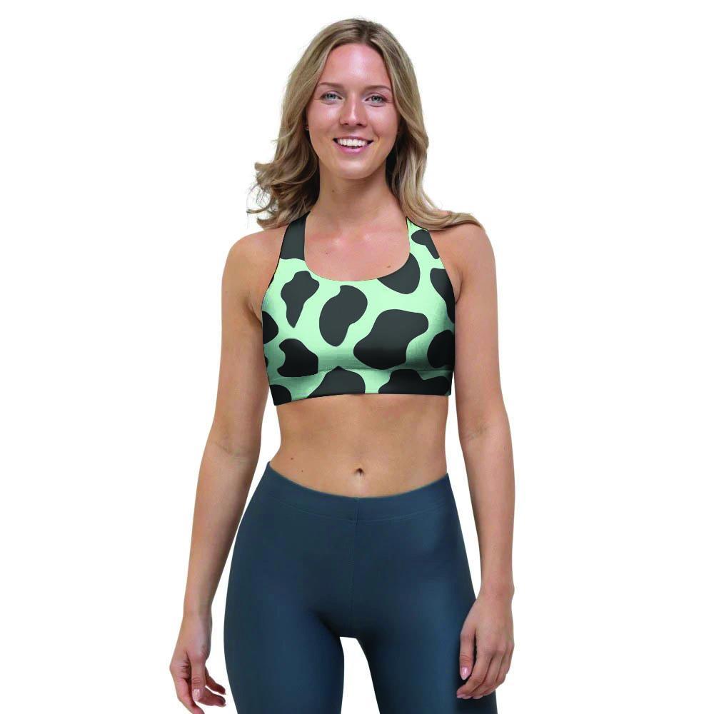 Black And Green Cow Print Sports Bra-grizzshop