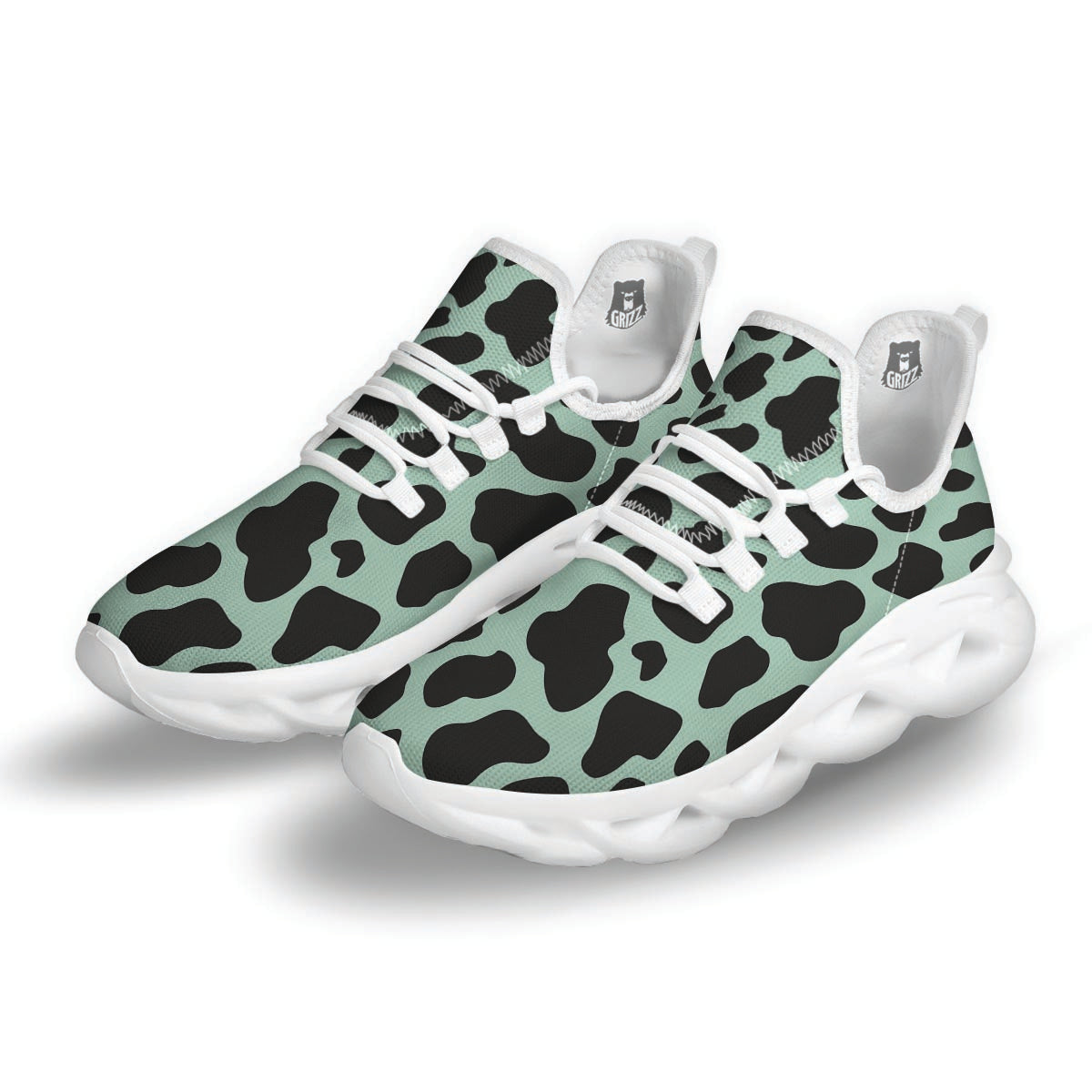 Black And Green Cow Print White Running Shoes-grizzshop