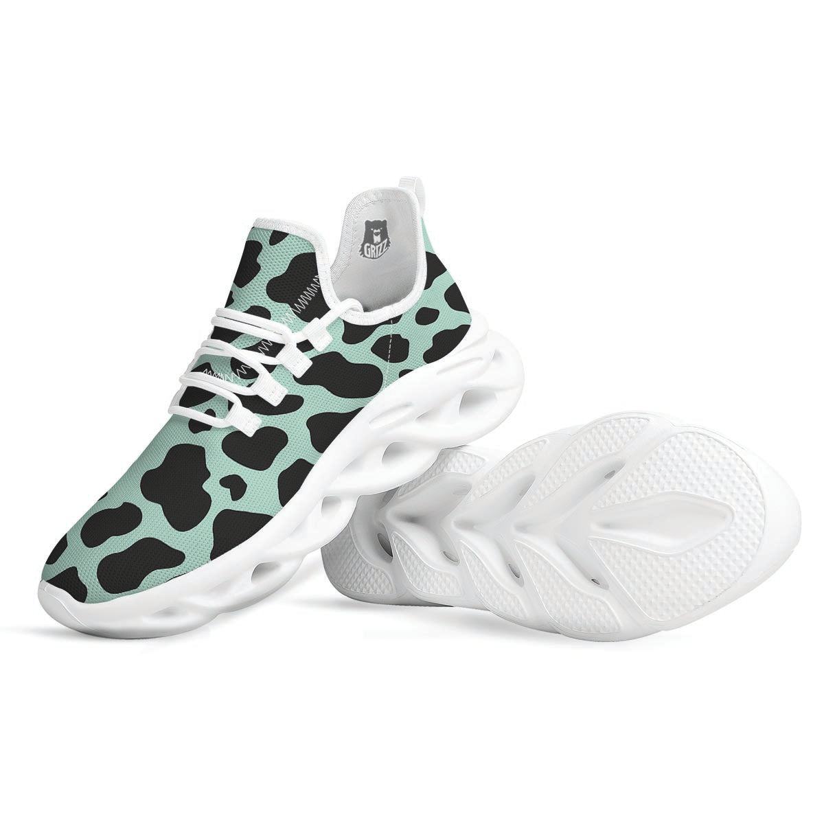 Black And Green Cow Print White Running Shoes-grizzshop