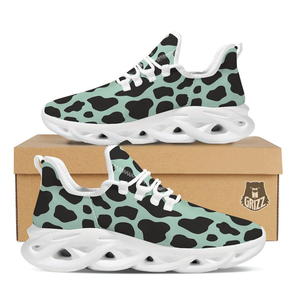 Black And Green Cow Print White Running Shoes-grizzshop
