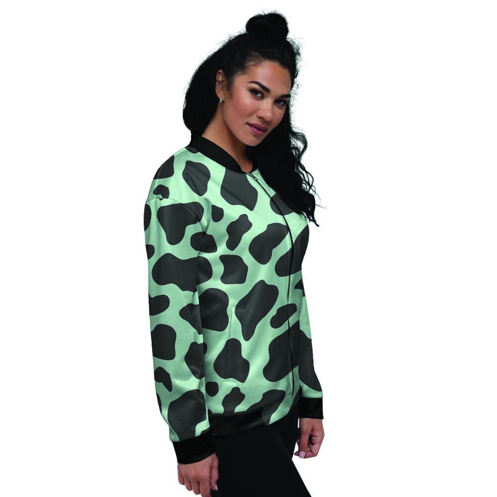 Black And Green Cow Print Women's Bomber Jacket-grizzshop