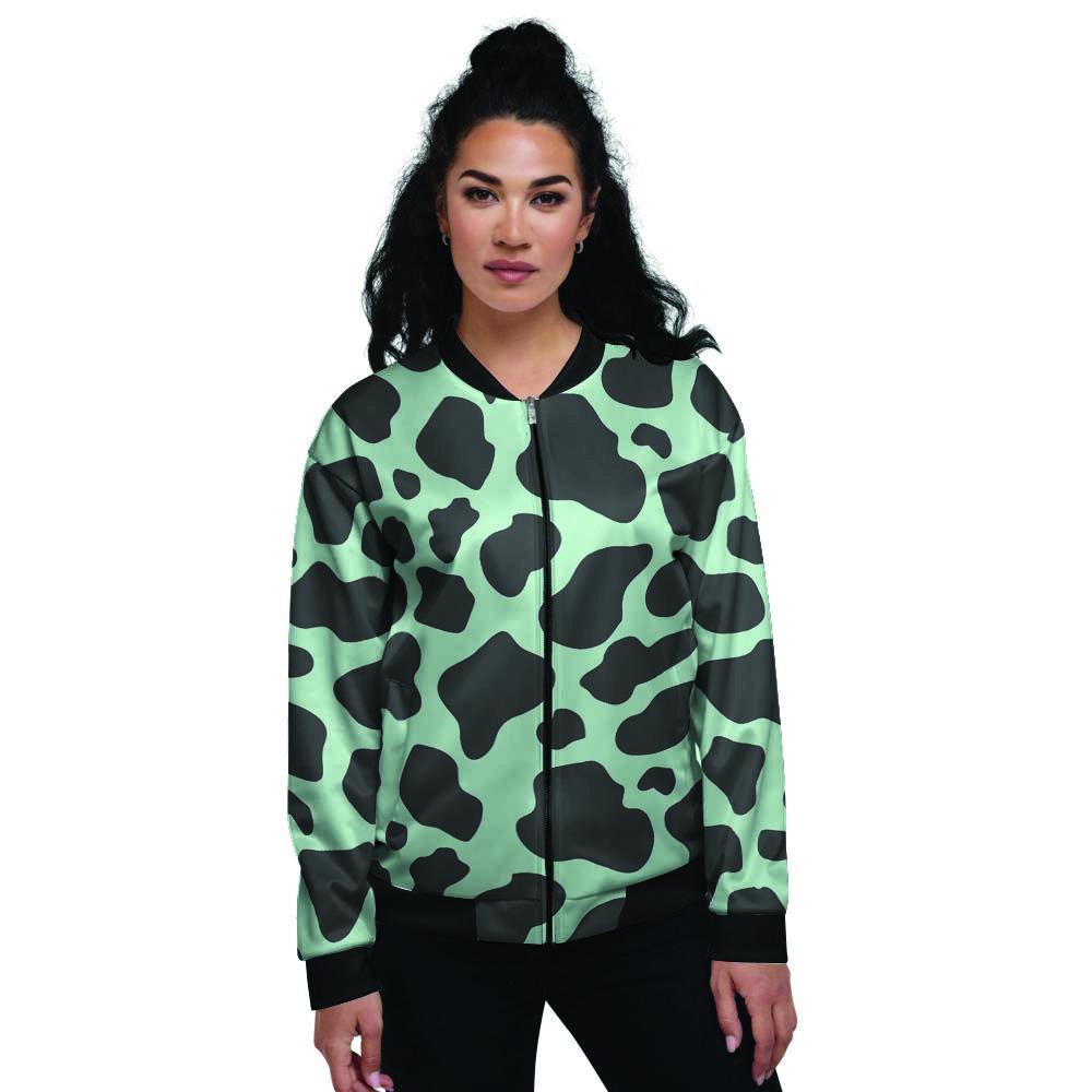 Black And Green Cow Print Women's Bomber Jacket-grizzshop