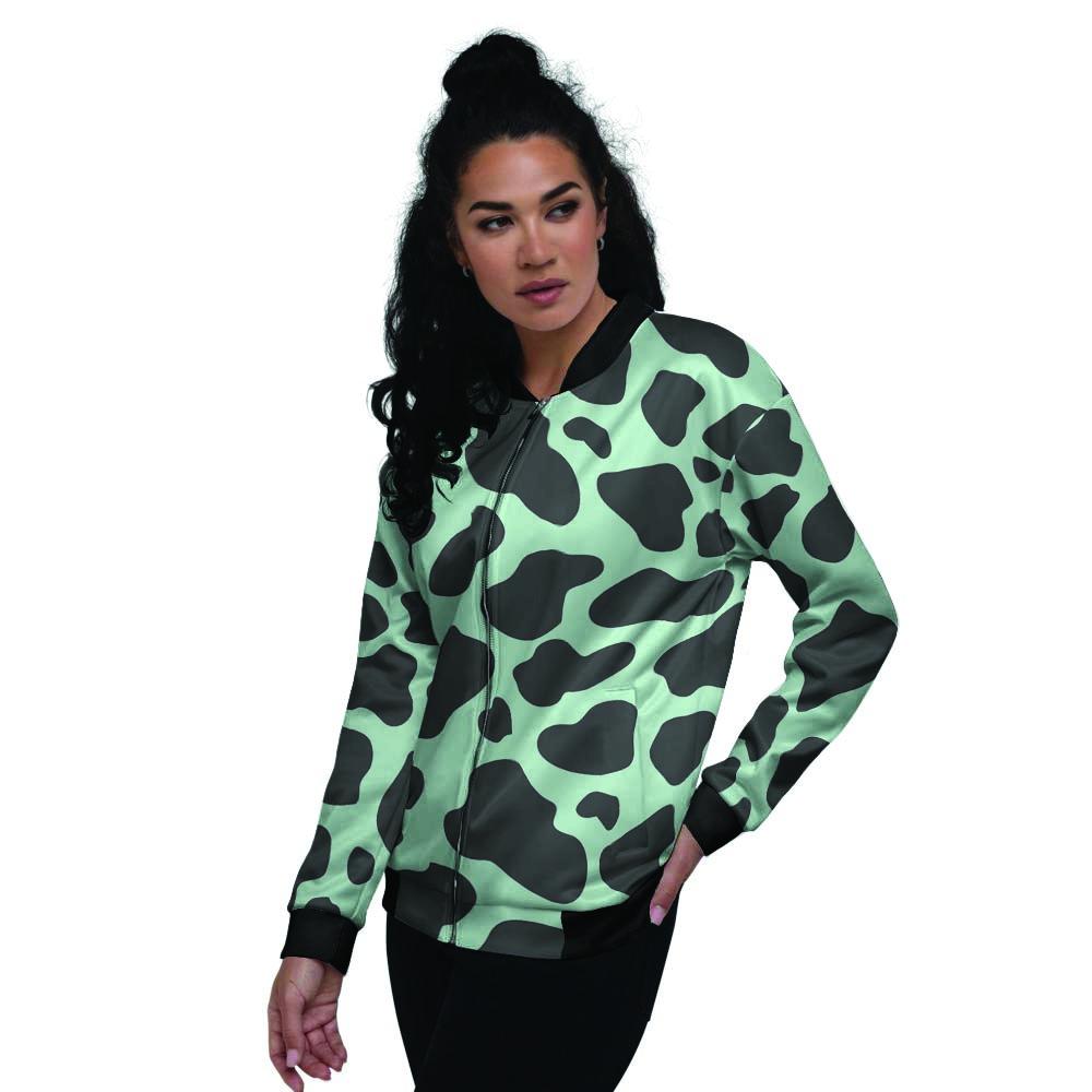 Black And Green Cow Print Women's Bomber Jacket-grizzshop
