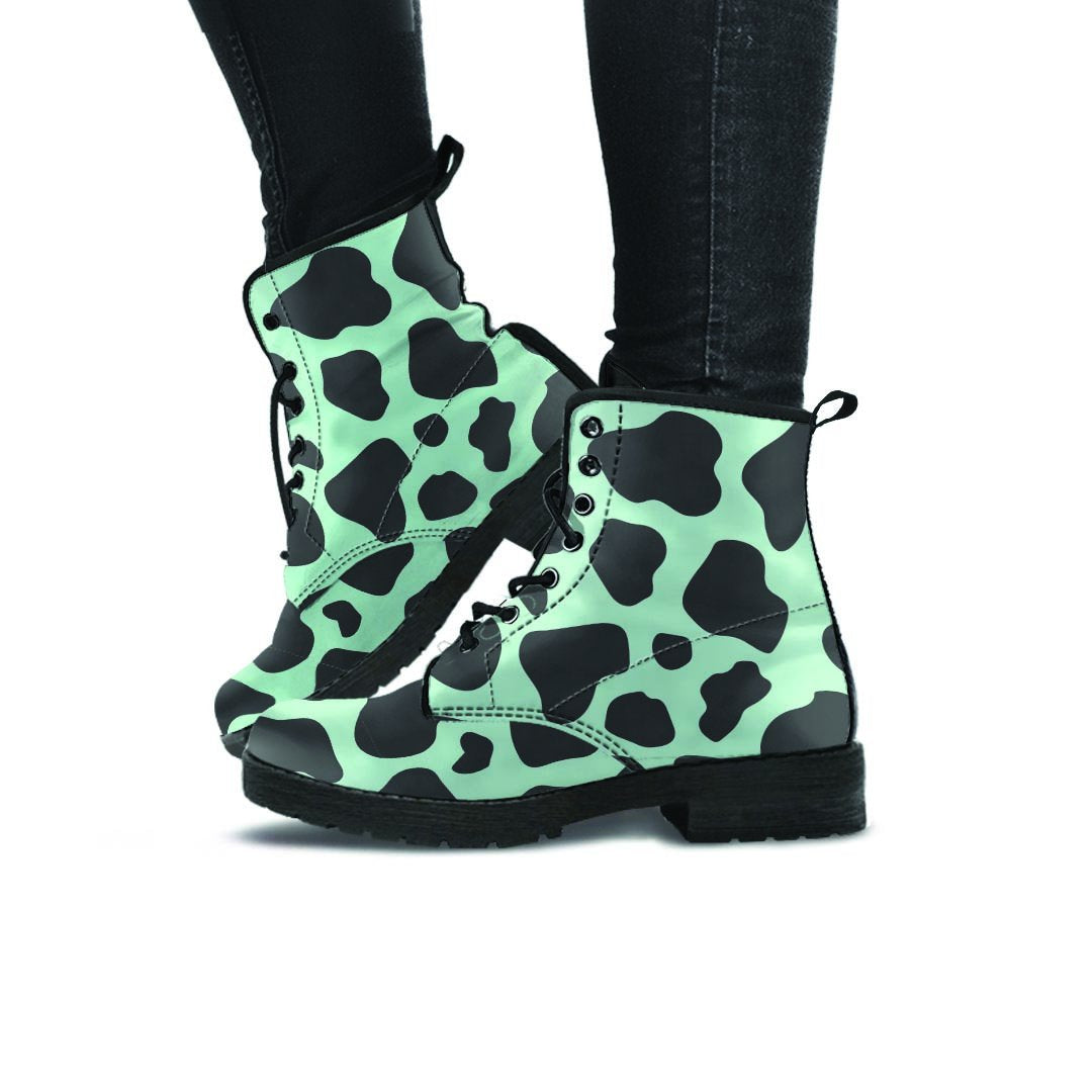 Black And Green Cow Print Women's Boots-grizzshop