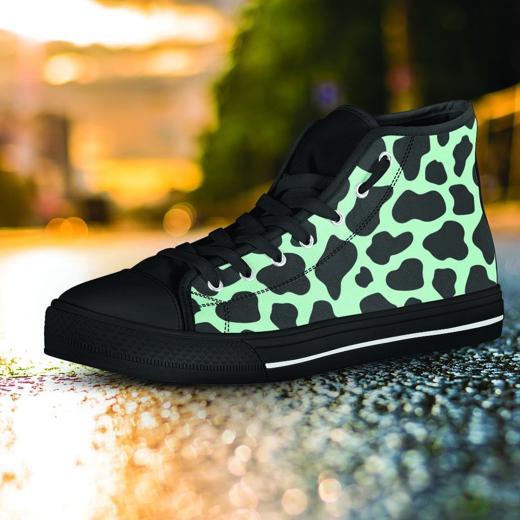Black And Green Cow Print Women's High Top Shoes-grizzshop