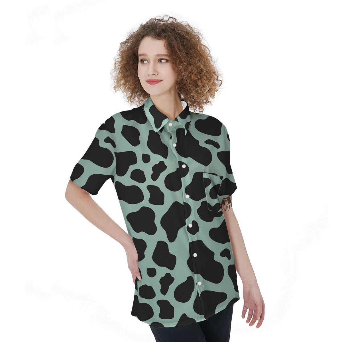 Black And Green Cow Print Women's Short Sleeve Shirts-grizzshop