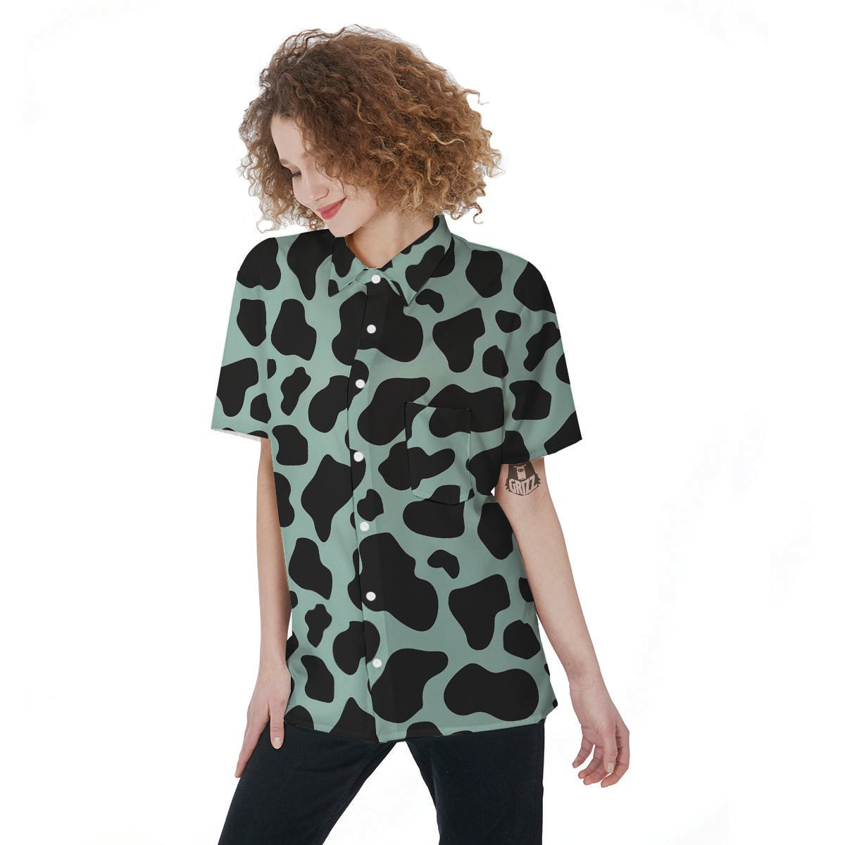 Black And Green Cow Print Women's Short Sleeve Shirts-grizzshop