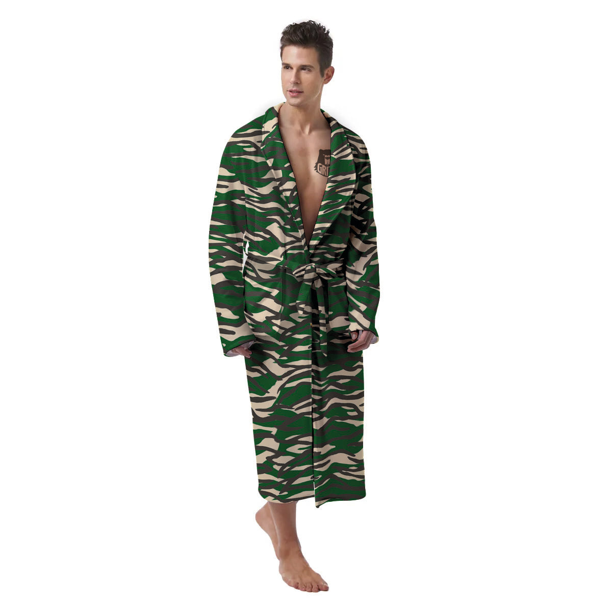 Black And Green Tiger Stripe Camo Print Men's Robe-grizzshop