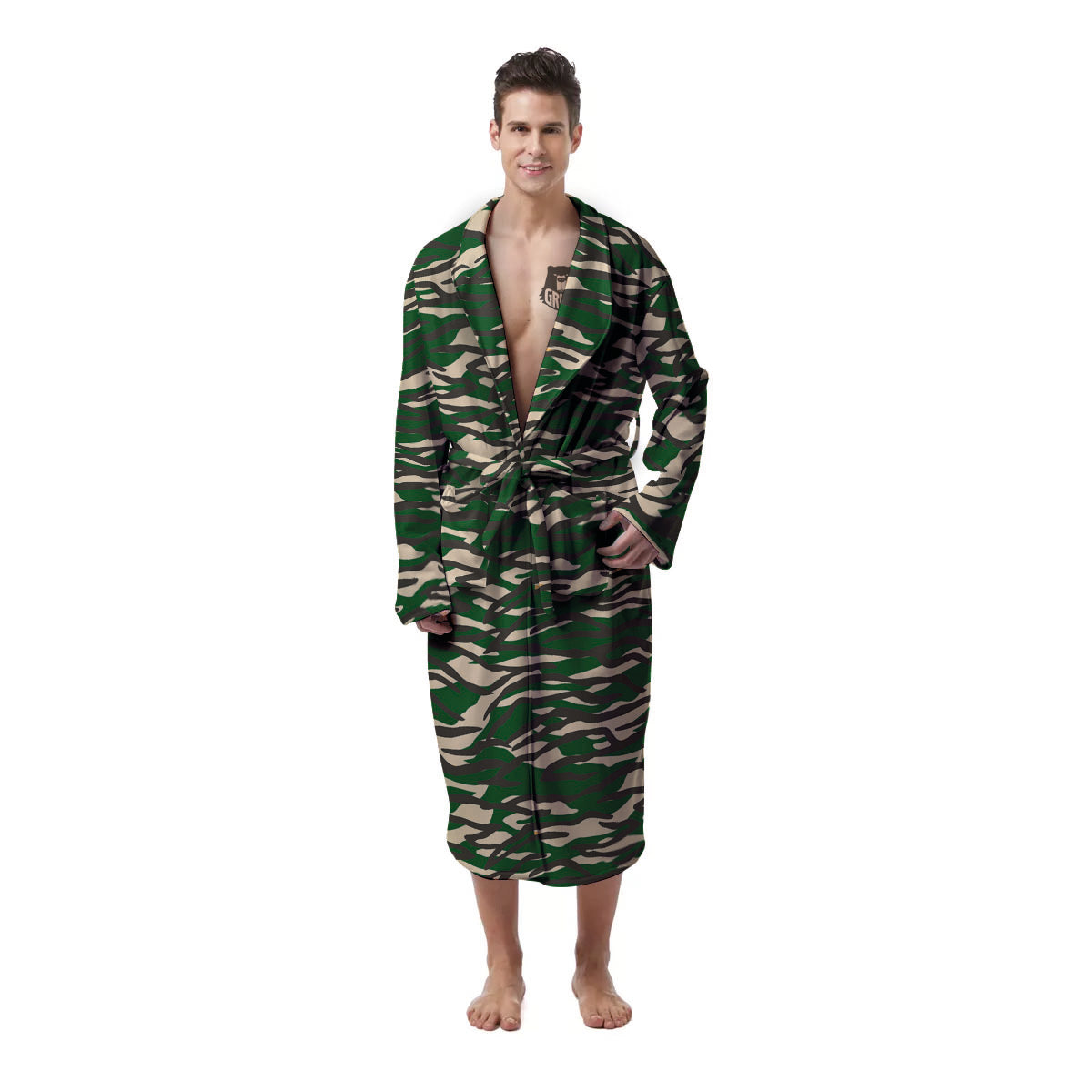 Black And Green Tiger Stripe Camo Print Men's Robe-grizzshop