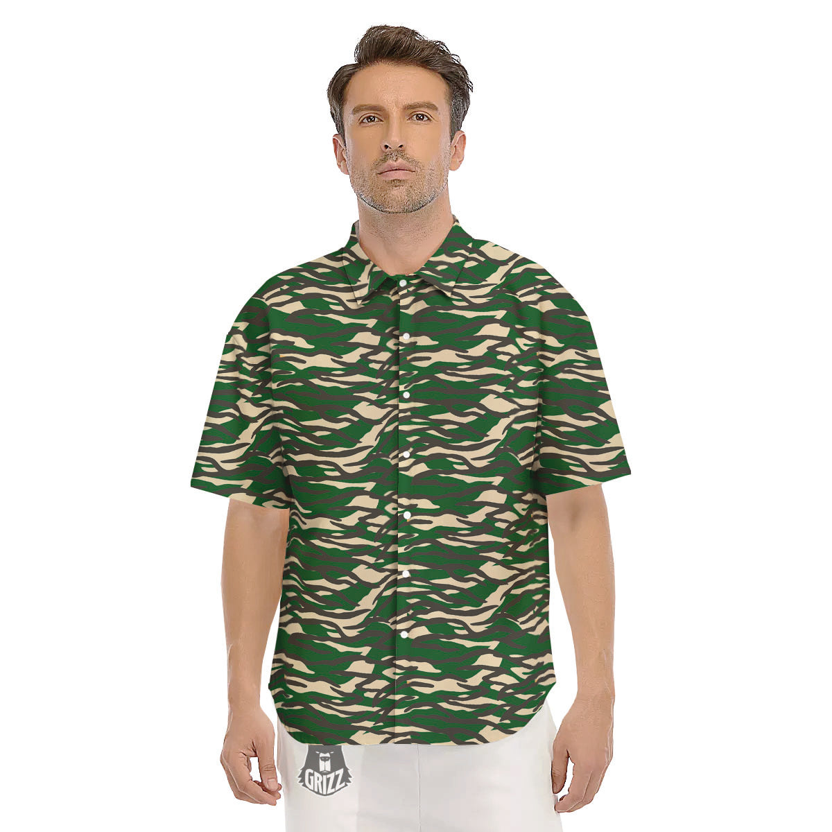 Black And Green Tiger Stripe Camo Print Men's Short Sleeve Shirts-grizzshop