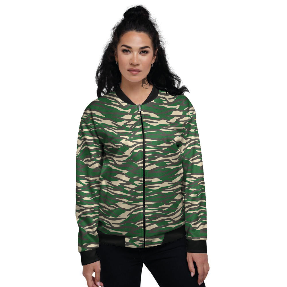 Black And Green Tiger Stripe Camo Print Women's Bomber Jacket-grizzshop