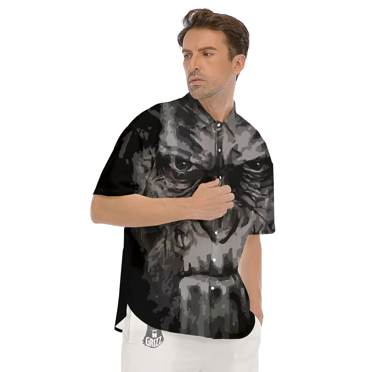 Black And Grey Face Chimpanzee Print Men's Short Sleeve Shirts-grizzshop