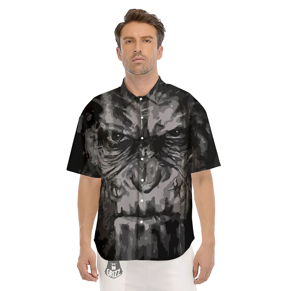 Black And Grey Face Chimpanzee Print Men's Short Sleeve Shirts-grizzshop