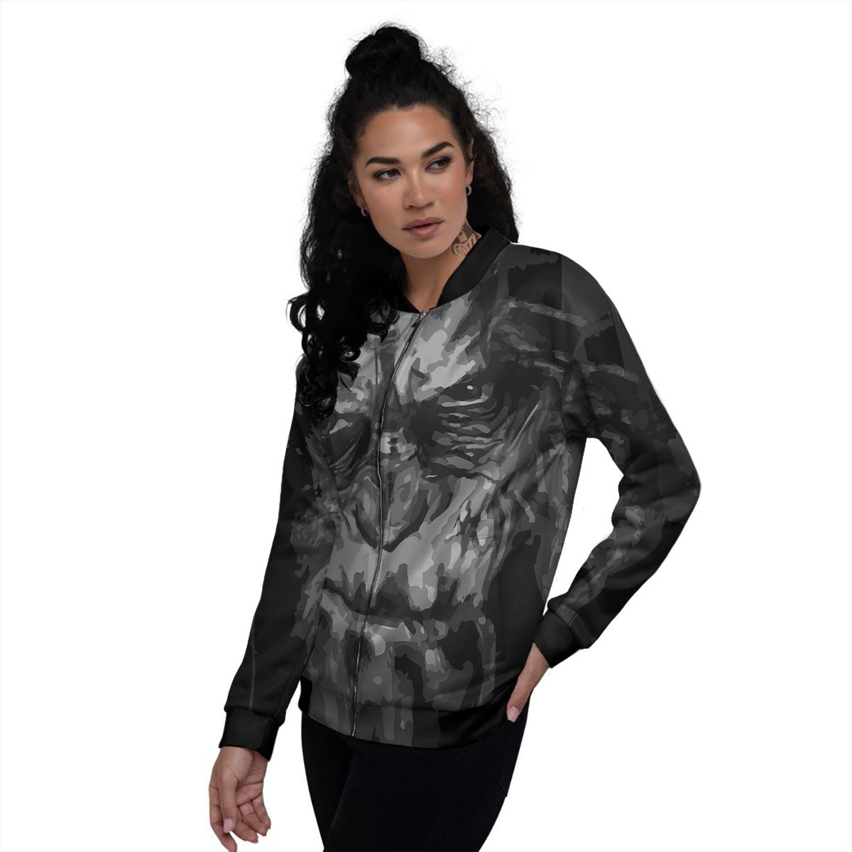 Black And Grey Face Chimpanzee Print Women's Bomber Jacket-grizzshop