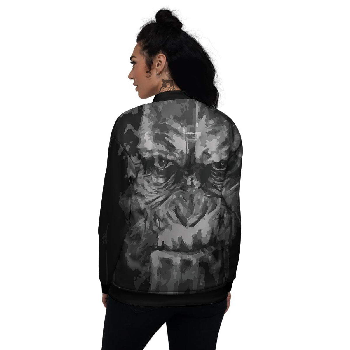 Black And Grey Face Chimpanzee Print Women's Bomber Jacket-grizzshop