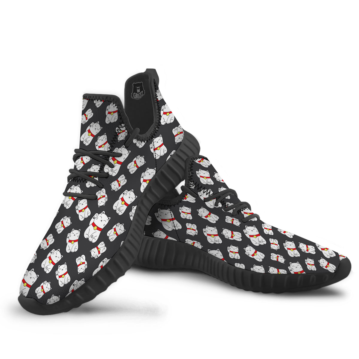 Black And Lucky Cat Print Pattern Black Walking Shoes-grizzshop