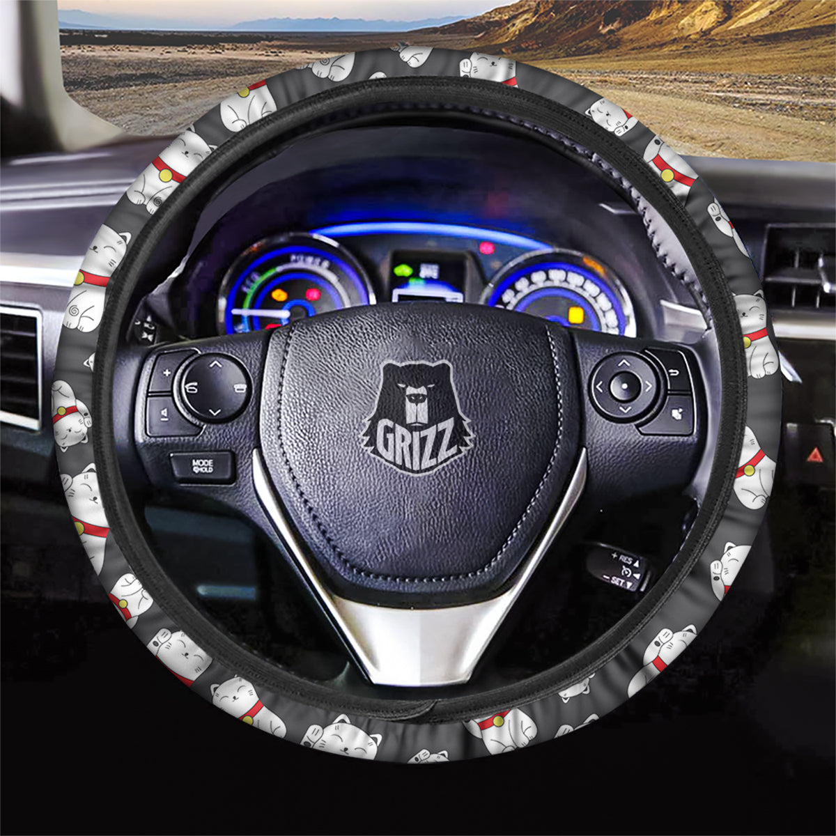Black And Lucky Cat Print Pattern Car Steering Wheel Cover-grizzshop