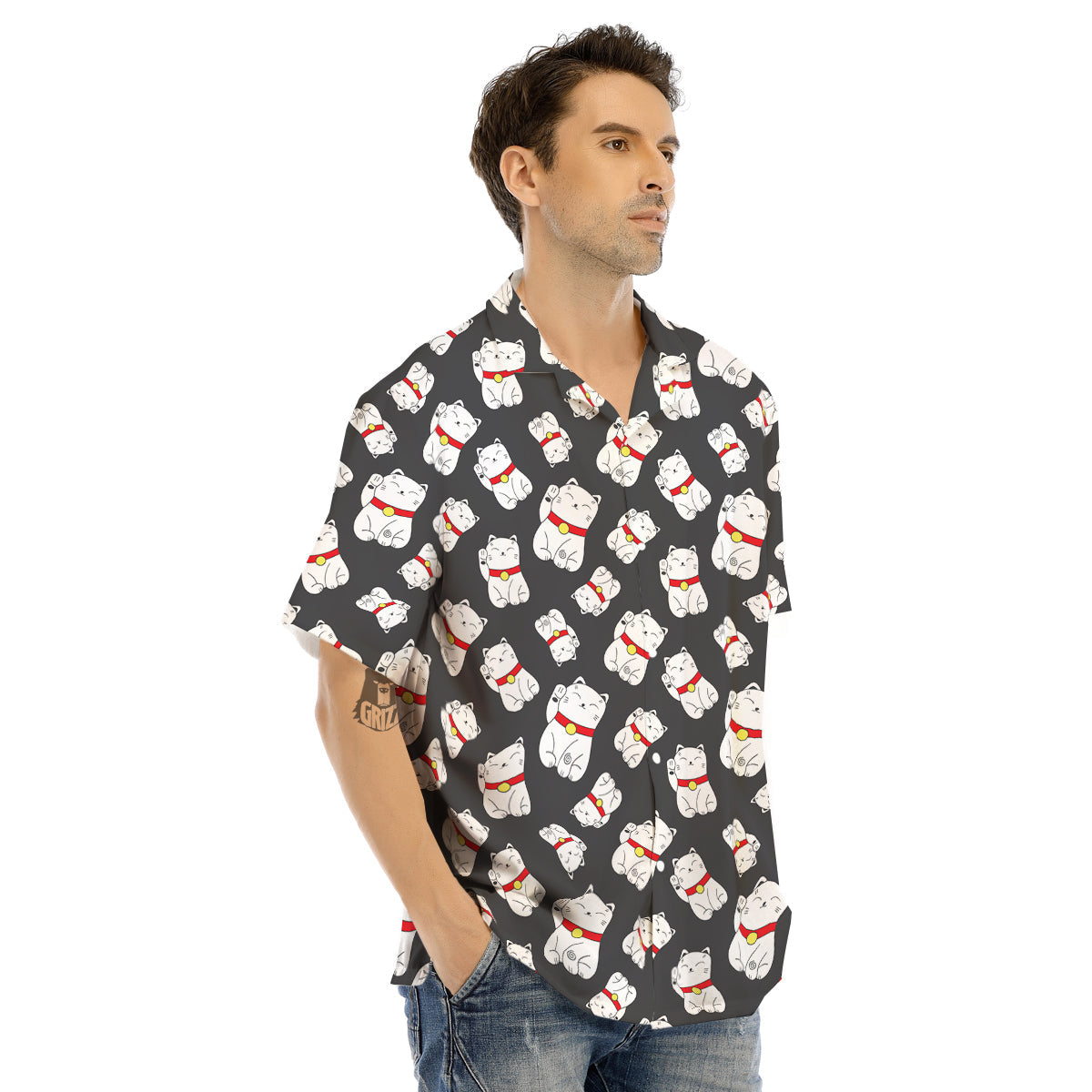 Black And Lucky Cat Print Pattern Men's Hawaiian Shirt-grizzshop