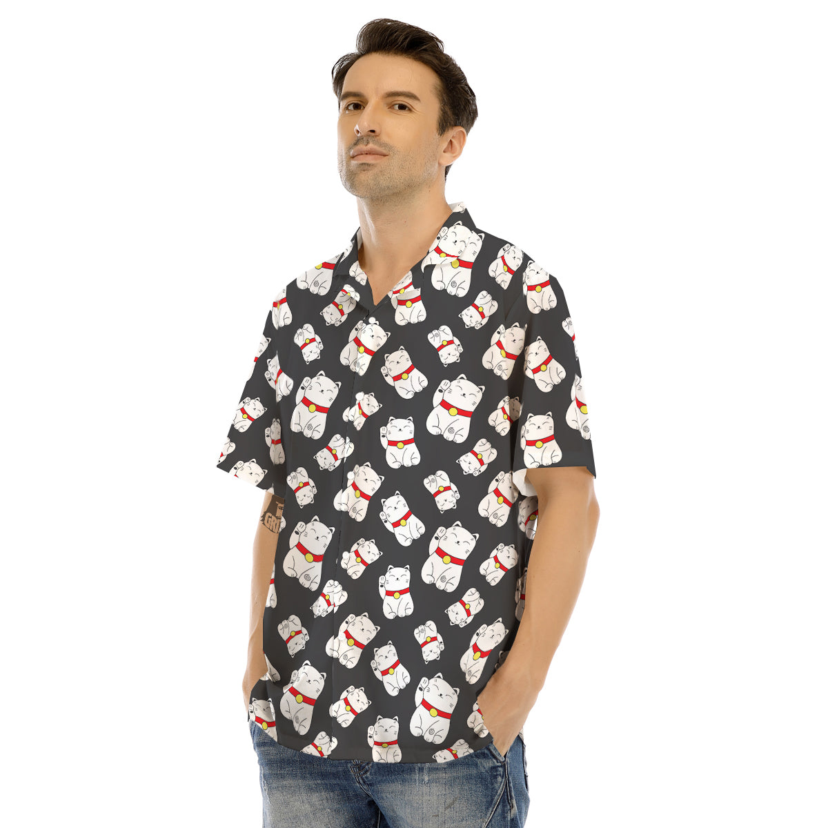 Black And Lucky Cat Print Pattern Men's Hawaiian Shirt-grizzshop