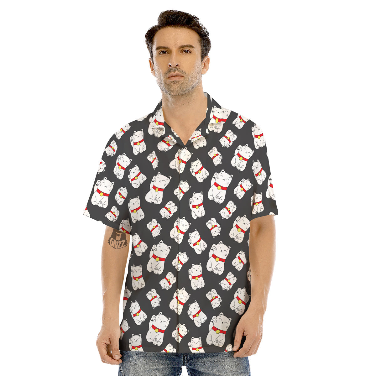 Black And Lucky Cat Print Pattern Men's Hawaiian Shirt-grizzshop