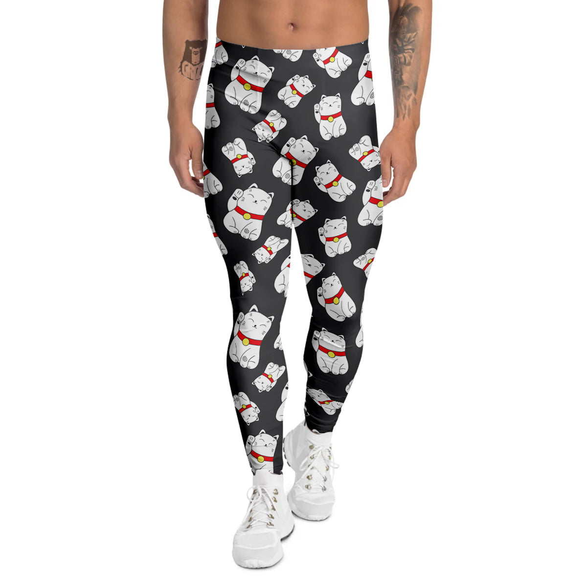 Black And Lucky Cat Print Pattern Men's Leggings-grizzshop