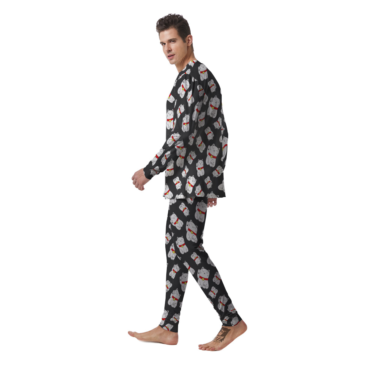 Black And Lucky Cat Print Pattern Men's Pajamas-grizzshop