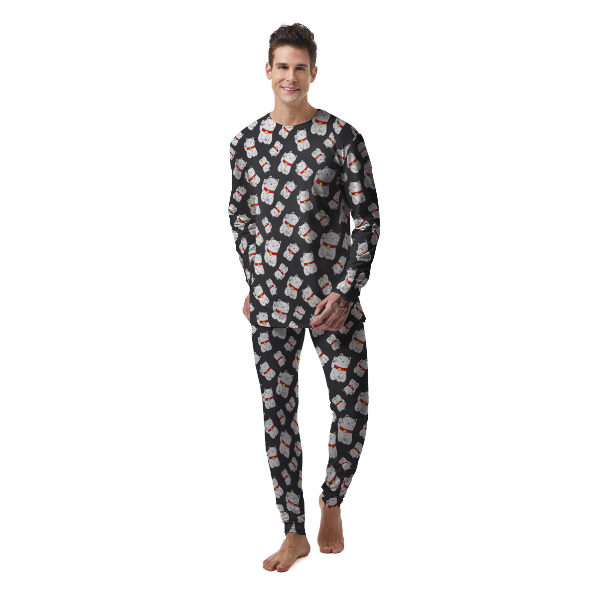 Black And Lucky Cat Print Pattern Men's Pajamas-grizzshop