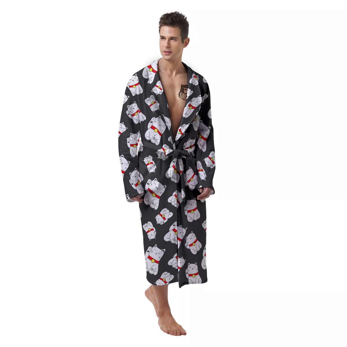 Black And Lucky Cat Print Pattern Men's Robe-grizzshop