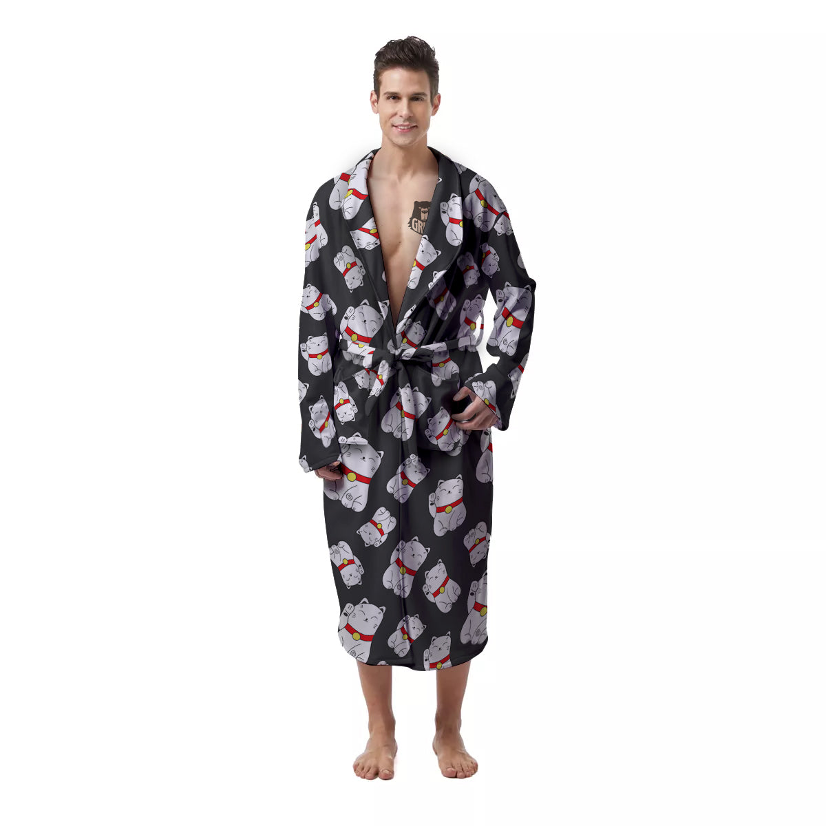 Black And Lucky Cat Print Pattern Men's Robe-grizzshop