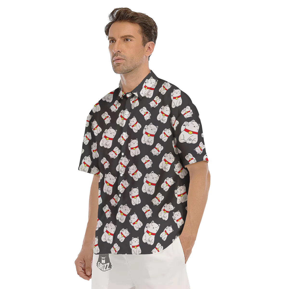 Black And Lucky Cat Print Pattern Men's Short Sleeve Shirts-grizzshop