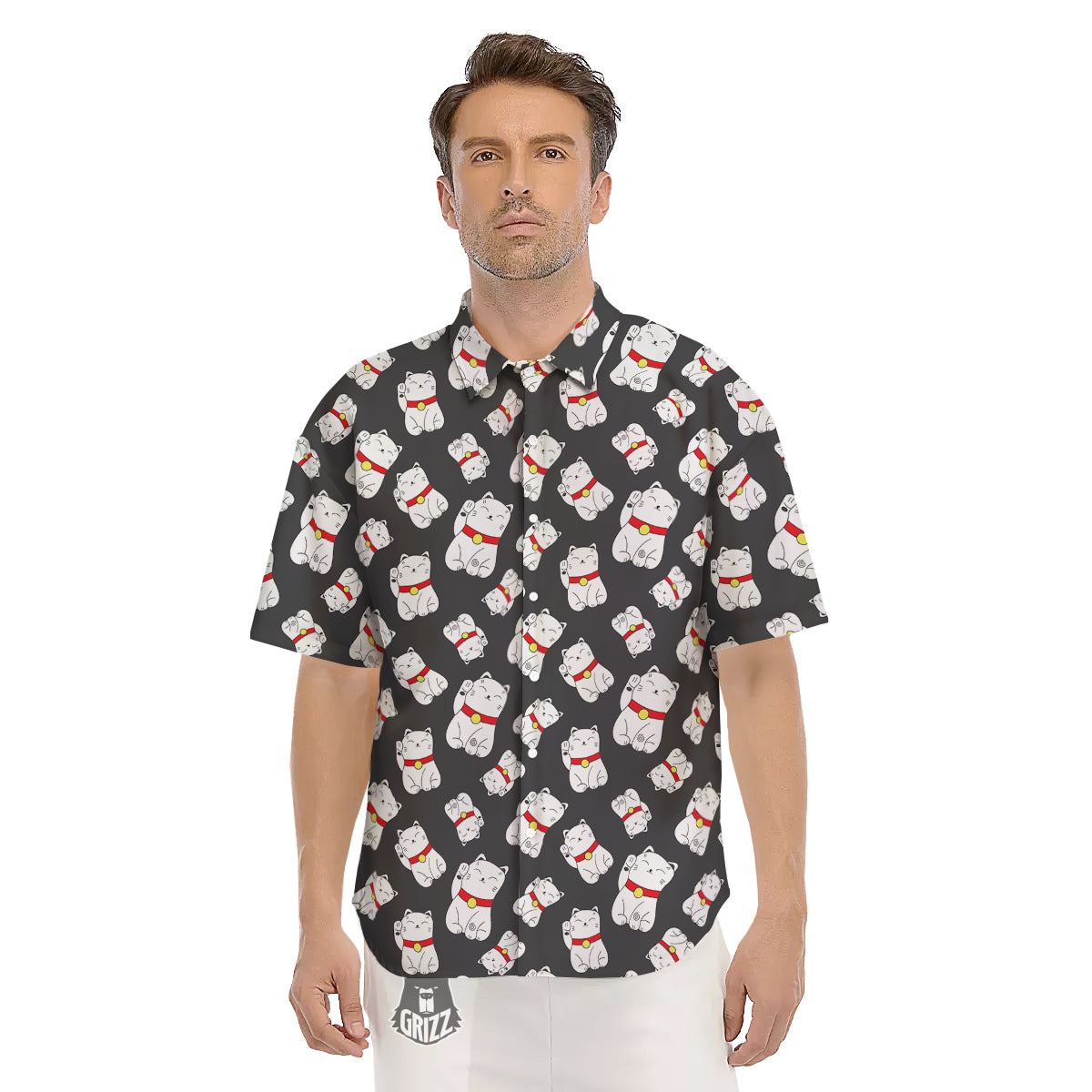 Black And Lucky Cat Print Pattern Men's Short Sleeve Shirts-grizzshop