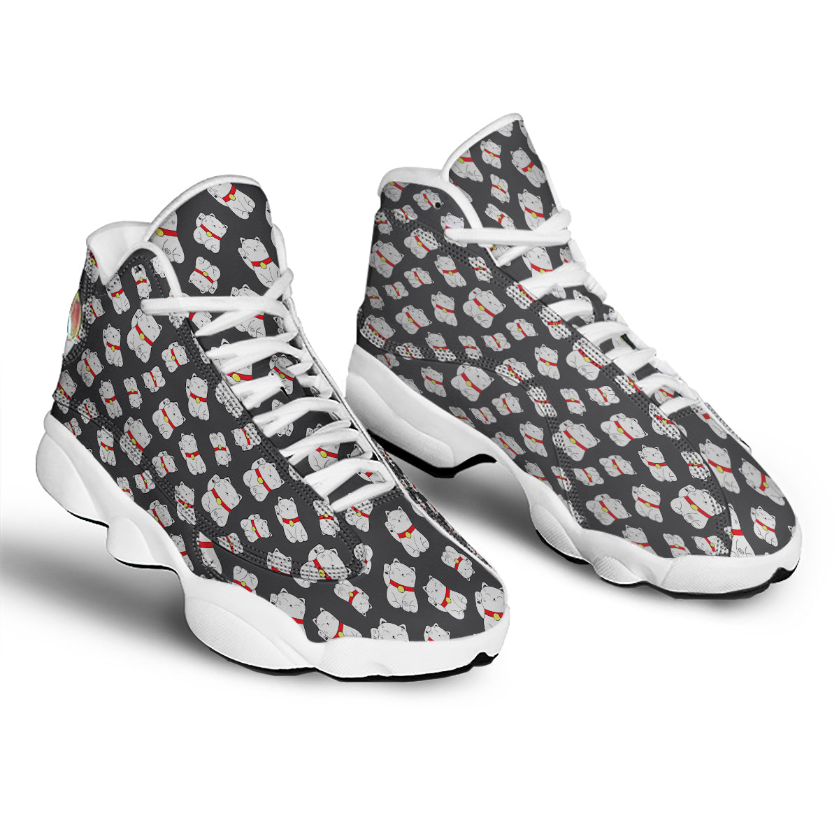 Black And Lucky Cat Print Pattern White Basketball Shoes-grizzshop