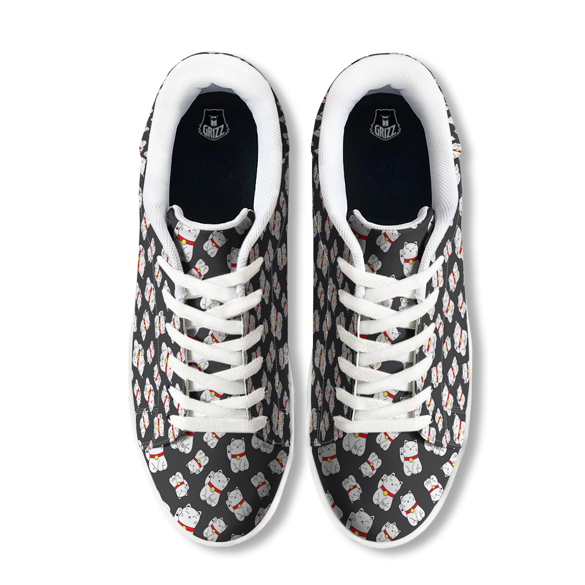 Black And Lucky Cat Print Pattern White Low Top Sneakers-grizzshop