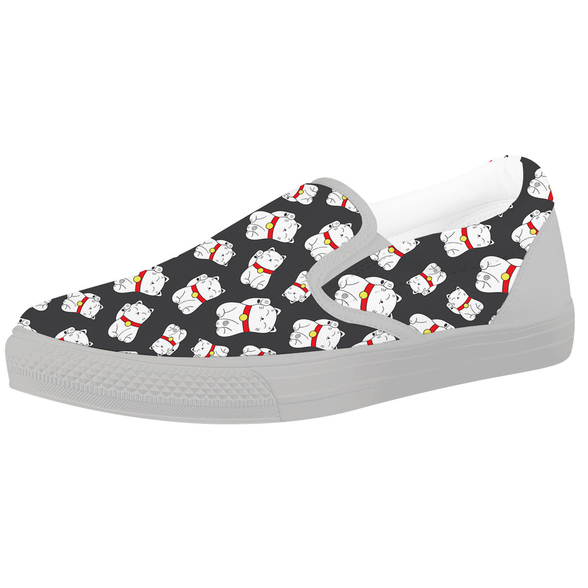 Black And Lucky Cat Print Pattern White Slip On Shoes-grizzshop